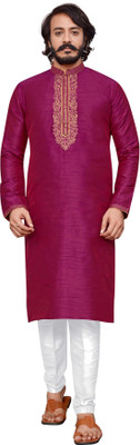 Viradiya Men Self Design Straight Kurta(Pink)