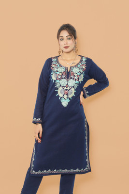 MHIZHA Women Embroidered Straight Kurta(Dark Blue)