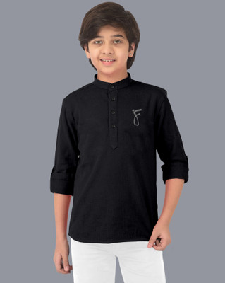 VTEXX Boys Solid, Printed Straight Kurta(Black)