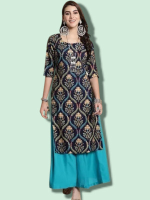 MS ENTERPRISE Women Printed Straight Kurta(Blue)