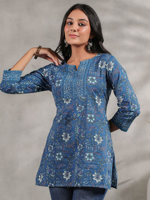Kirnya Women Printed Straight Kurta(Blue)