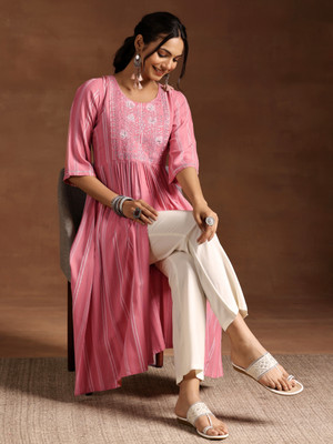LIBAS Women Woven Design A-line Kurta(Pink)