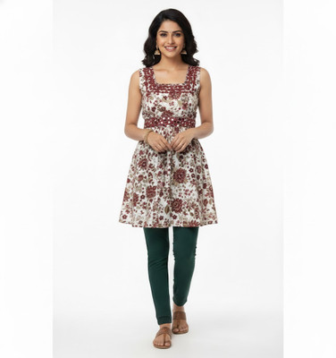 RIDDHI CLOTHING Women Floral Print, Embellished Ethnic Dress Kurta(White, Red)