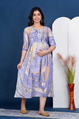 AARK Women Printed Flared Kurta(Orange)
