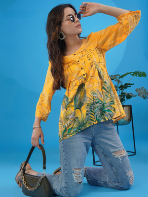 Youthnic Women Floral Print A-line Kurta(Yellow)