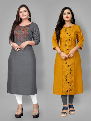 Fabriza Women Embroidered A-line Kurta(Grey, Yellow)