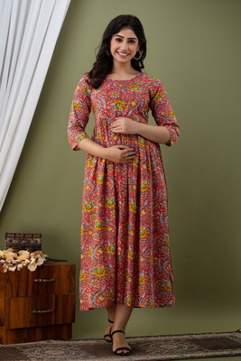 ADRTA Women Floral Print Anarkali Kurta(Red, Multicolor)