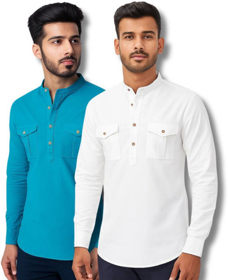 EchoWear Men Solid Straight Kurta(Blue, White)
