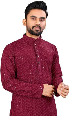 SONBAI Men Embroidered, Chikan Embroidery A-line Kurta(Maroon)