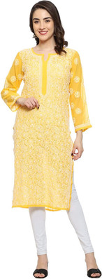KOSKII Women Chikan Embroidery Straight Kurta(Yellow)