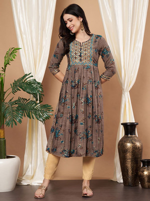 ANOUK Women Embroidered Anarkali Kurta(Brown)