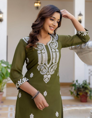 Uparna Women Chikan Embroidery Straight Kurta(Dark Green)