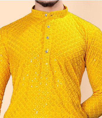 Shree Dutt Creation Men Chikan Embroidery Straight Kurta(Yellow)