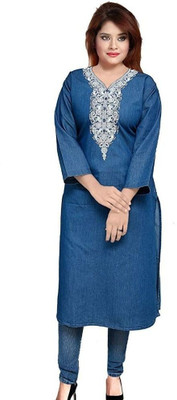 CEFALU Women Embroidered Straight Kurta(Blue)