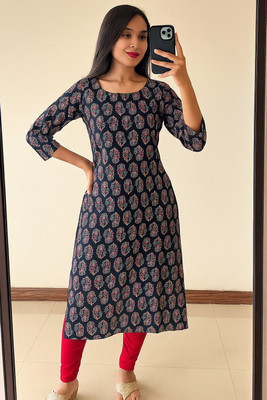 WOLISQ Women Printed A-line Kurta(Black)