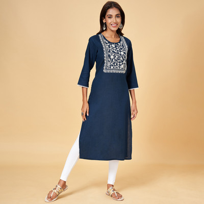 Rangmanch by Pantaloons Women Embroidered Straight Kurta(Blue)