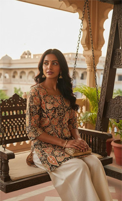 Ekchhavi Women Floral Print Straight Kurta(Brown)