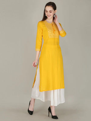 chhaya fashion Women Embroidered Straight Kurta(Yellow, White)