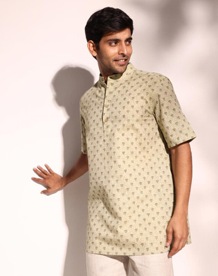 Fabindia Men Printed Straight Kurta(Green)