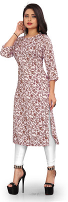 zindora Women Floral Print Straight Kurta(Beige)