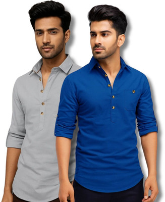 ClothTheory Men Solid Straight Kurta(Grey, Dark Blue)
