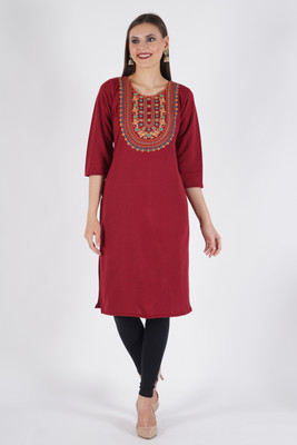 uniko Women Embroidered Straight Kurta(Maroon)