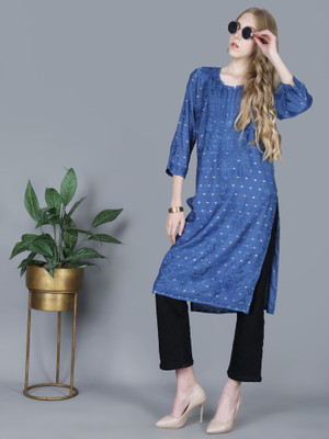 The Chikankari Story Women Printed Straight Kurta(Blue)