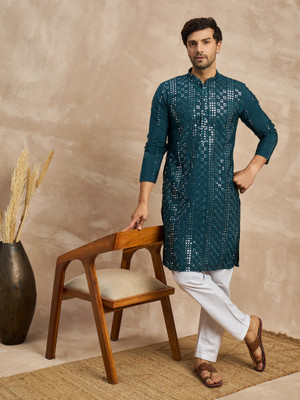 House of Pataudi Men Embroidered Straight Kurta(Dark Blue)