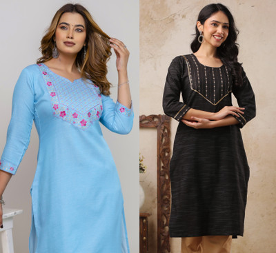 AuzaSho Collection Women Embroidered Straight Kurta(Blue, Black)