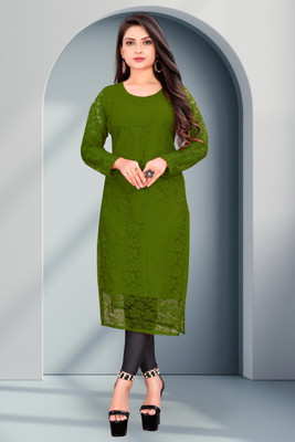 nft Women Embellished Asymmetric Kurta(Green)