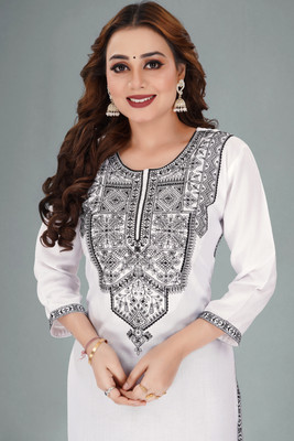 GOKUL TRENDZ Women Embroidered Straight Kurta(White)