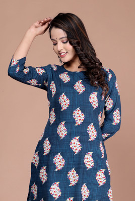 BIBHATSU Women Printed Straight Kurta(Dark Blue)