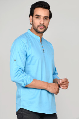ShopGlobal Men Solid Straight Kurta(Blue)