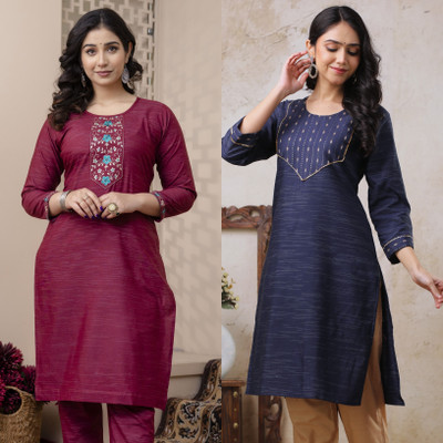 AUZAAI COLLECTION Women Embroidered Straight Kurta(Maroon, Blue)
