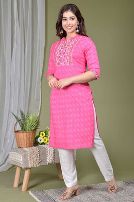 ADICOLLECTIONS Women Embroidered, Self Design A-line Kurta(Pink)