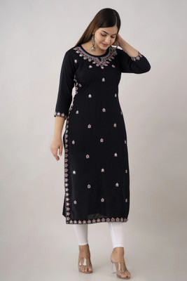 Udati Kaliya Women Embroidered Straight Kurta(Blue)