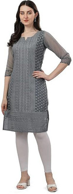HK SHOPEE Women Chikan Embroidery Straight Kurta(Grey)