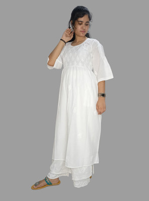 The Chikankari Story Women Chikan Embroidery A-line Kurta(White)