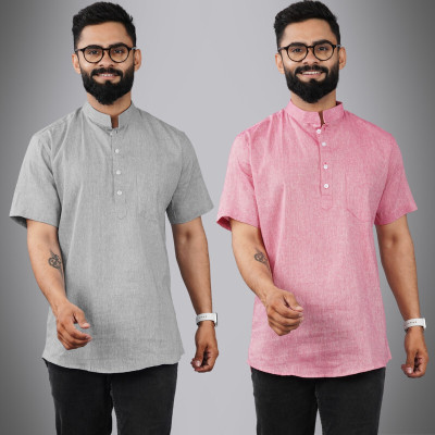 QuaClo Men Solid Straight Kurta(Grey, Pink)