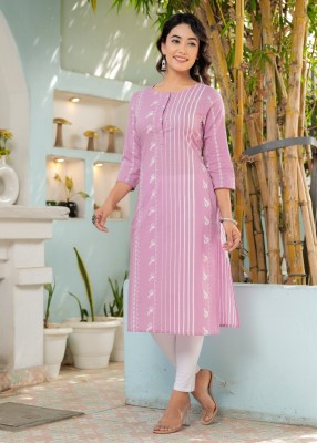 HATHELI Women Printed Straight Kurta(Purple)