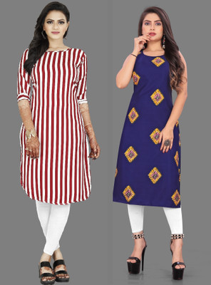 maruti fab Women Striped Straight Kurta(Blue, Red)