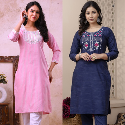 AUZAAI COLLECTION Women Embroidered Straight Kurta(Pink, Blue)