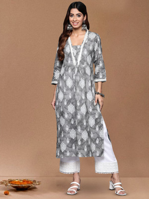 Varanga Women Printed Straight Kurta(Grey)