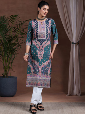 LIBAS Women Printed Straight Kurta(Blue)