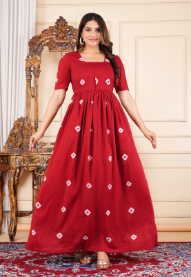 AREEH Women Printed Gown Kurta(Maroon)