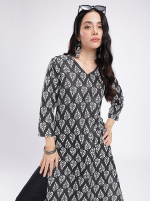 Anouk Rustic Women Printed Straight Kurta(Black, White)
