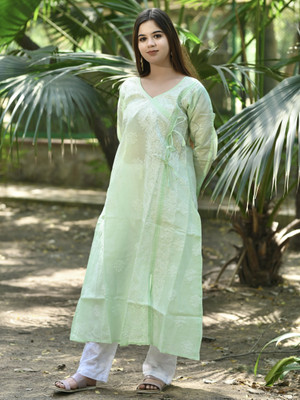 Chikirpolo Women Chikan Embroidery A-line Kurta(Light Green)