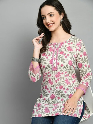 SELKET Women Printed Straight Kurta(White, Pink)