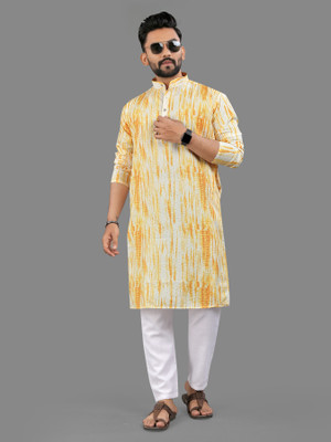 Divastri Men Printed Straight Kurta(Yellow)