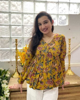 NANO FASHION Women Floral Print Flared Kurta(Yellow)